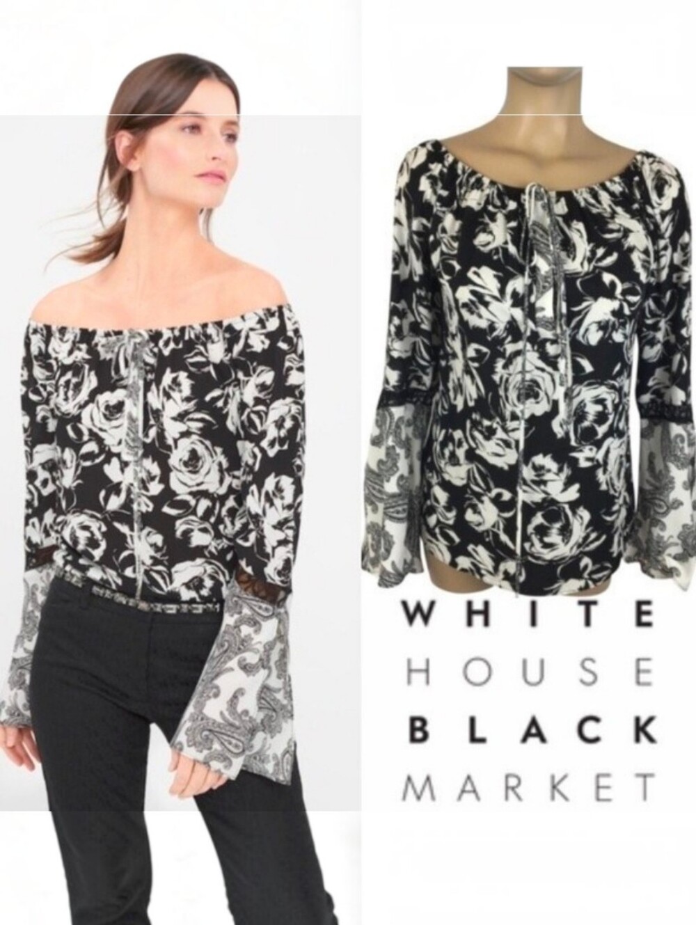 White House Black Market Off The Shoulder Blouse With Bell Sleeves Size Medium